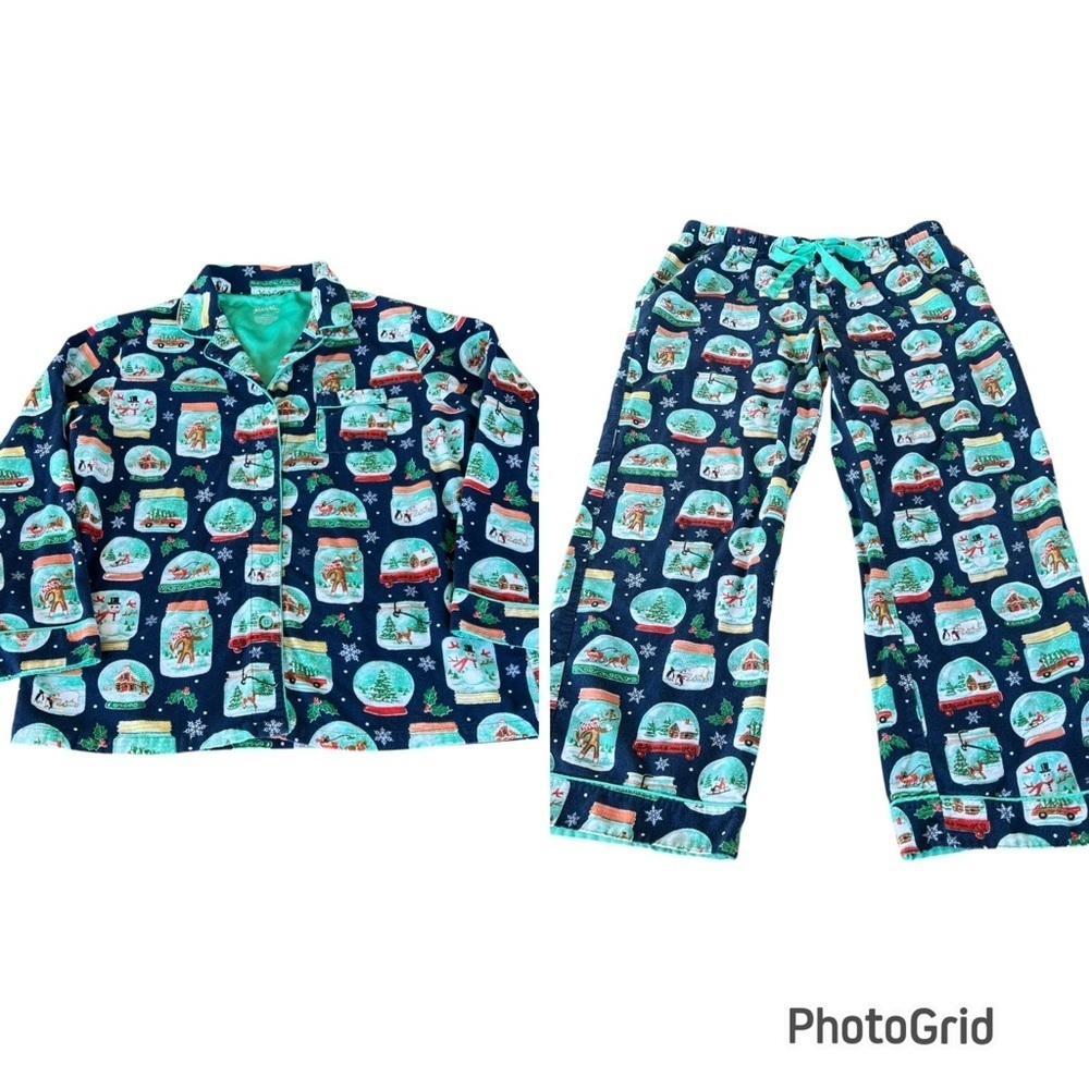 Nick & Nora Snow Globe Holiday Flannel Pajama Set Blue Teal Sock Monkey Snow Lrg